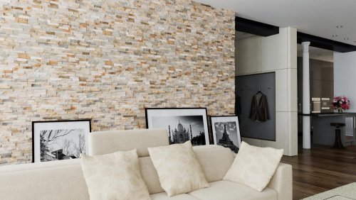 Realizace kamenného obkladu IVORY – Přírodní kámen v obývacím pokoji