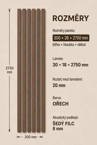Akustický panel - ORECH, MDF + FÓLIA FINISH 3D, SIVÝ akustický podklad FILC, 300 x 2750 mm