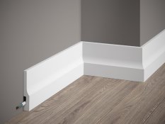 VZOREK - Podlahová lišta – HLADKÁ, tvrdý plast PolyForce (HD Polymer), základní bílý nátěr (přetíratelný), 100 x 16 x 100 mm