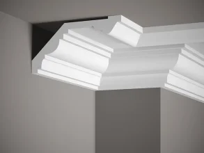 Stropní lišta – HLADKÁ, tvrdý plast ProFoam® (polyuretan), základní bílý nátěr (přetíratelný), 116 x 224 x 2000 mm