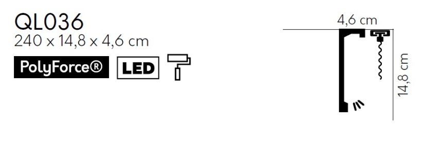 Garnýžová LED osvětlovací lišta, NEPŘÍMÉ OSVĚTLENÍ, tvrdý plast PolyForce (HD Polymer), základní bílý nátěr (přetíratelný), 148 x 46 x 2400 mm