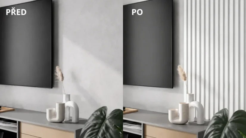 Akustický panel - BIELY, MDF + FÓLIA FINISH, SIVÝ akustický podklad FILC, 300 x 2750 mm