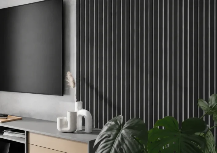 Akustický panel - ČIERNY, MDF + FOLIE FINISH, SIVÝ akustický podklad FILC, 300 x 2750 mm