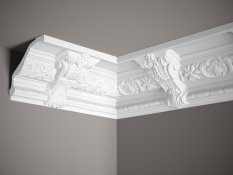 VZORKA - Stropná lišta – S ORNAMENTOM, tvrdý materiál ProFoam (Polyuretán), základný biely náter (pretierateľný), 130 x 160 x 100 mm