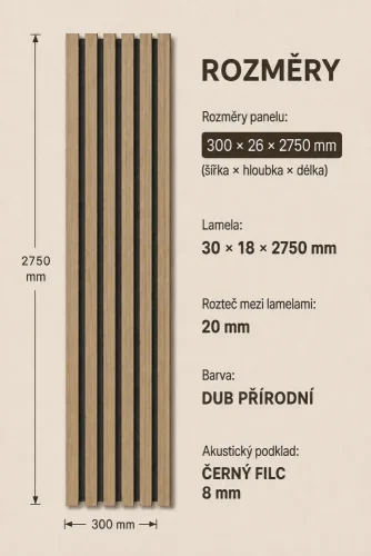 Akustický panel - DUB PŘÍRODNÍ, MDF + FOLIE FINISH 3D, ČERNÝ akustický podklad FILC, 300 x 2750 mm