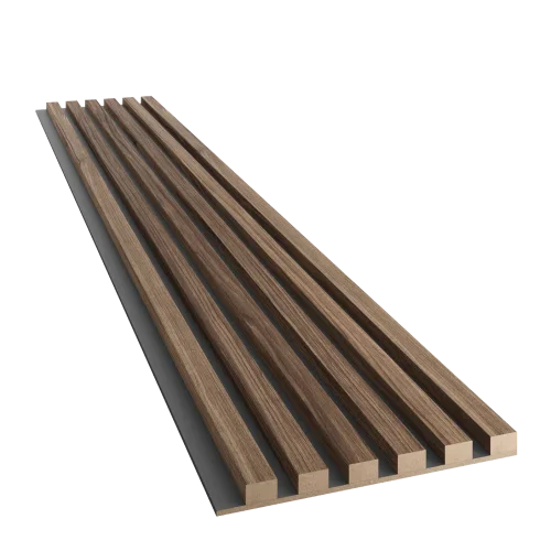 Dřevěné lamely ÚZKÉ na ČERNÉ desce (MDF), OŘECH, FINISH FOLIE, 24 x 300 x 2750 mm (0,825 m2)