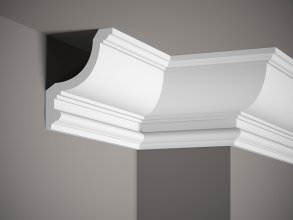 Stropní lišta – HLADKÁ, tvrdý plast ProFoam® (polyuretan), základní bílý nátěr (přetíratelný), 150 x 125 x 2000 mm