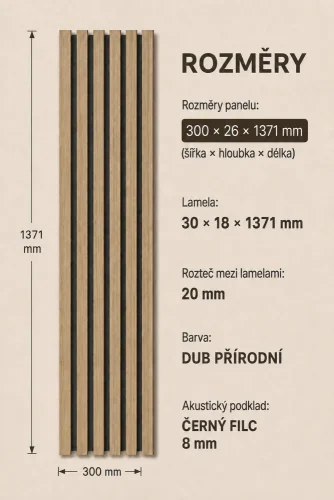 ATYPICKÝ PRODUKT - Akustický panel - DUB PŘÍRODNÍ, MDF + FOLIE FINISH 3D, ČERNÝ akustický podklad FILC, 300 x 1371 mm