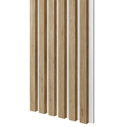 Dřevěné lamely ÚZKÉ na BÍLÉ desce (MDF), DUB PŘÍRODNÍ, FINISH FOLIE, 24 x 300 x 2750 mm (0,825 m2)