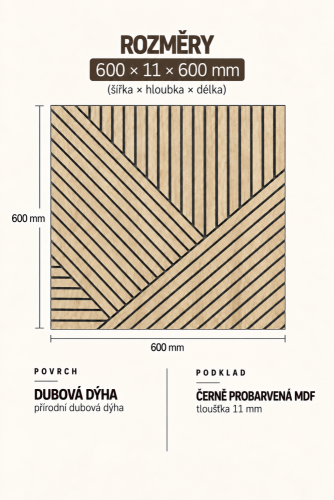 Lamelový panel GRANADA - DUBOVÁ DÝHA, ČERNÝ podklad MDF, 600 x 600 x 11 mm