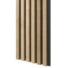 Dřevěné lamely ÚZKÉ na ČERNÉ desce (MDF), DUBOVÁ DÝHA, FINISH FOLIE, 24 x 300 x 2750 mm (0,825 m2)