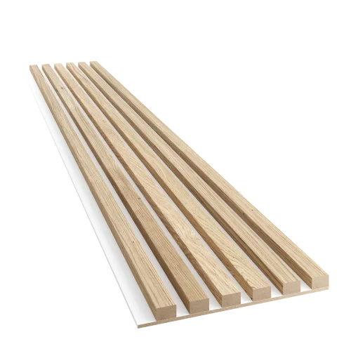 Dřevěné lamely ÚZKÉ na BÍLÉ desce (MDF), DUBOVÁ DÝHA, 24 x 300 x 2750 mm (0,825 m2)