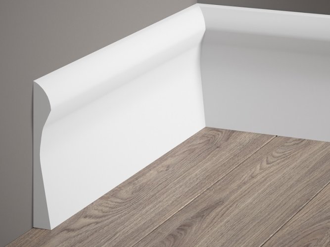 Podlahová lišta – PREMIUM, tvrdý plast PolyForce (HD Polymer), kvalitní bílý lak (finální povrch), 128 x 18 x 2000 mm