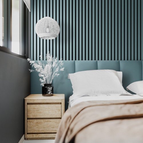Akustický panel ACOUSTIC LINE - smoke blue | černá, 2650 x 245 x 22 mm, lamely MDF + FINISH FOLIE, akustický podklad FILC