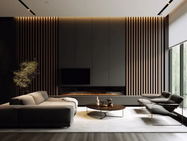 Obkladové voděodolné lamelové panely s vizuálním efektem dřevěných lamel  v obývacím pokoji