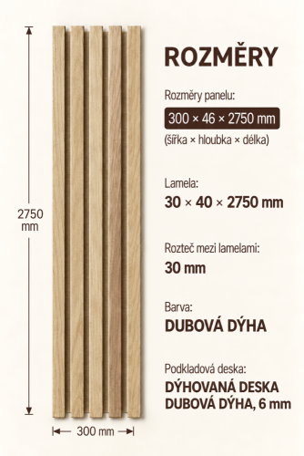 Dřevěné lamely ŠIROKÉ  na DÝHOVANÉ desce (MDF), DUBOVÁ DÝHA, 46 x 300 x 2750 mm (0,825 m2)