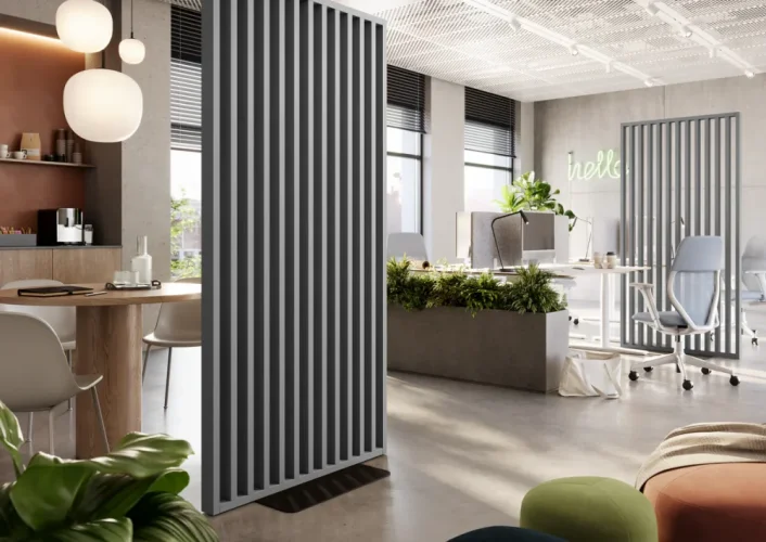 Dělící lamelová stěna s podstavcem - volně stojící, 990 x 2005 mm, (MDF), GRAFIT - Typ lamel: V úhlu 45° k základně