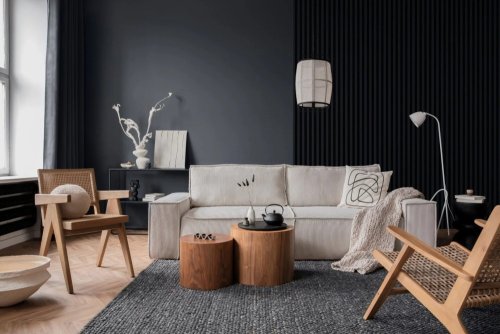 Realizace dřevěných lamel LINEA SLIM 3 – Nádech modré v obývacím pokoji