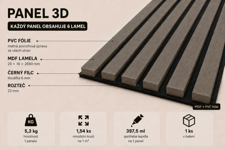 Akustický panel ACOUSTIC LINE - hakira beige | čierna, 2650 x 245 x 22 mm, lamely MDF + FINISH FOLE, akustický podklad FILC