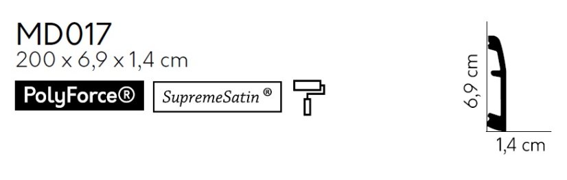 Podlahová lišta – PREMIUM, tvrdý plast PolyForce (HD Polymer), kvalitní bílý lak (finální povrch), 69 x 14 x 2000 mm