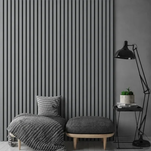 Dřevěné lamely ŠIROKÉ na ČERNÉ desce (MDF), GRAFIT (ANTRACIT), 46 x 300 x 2750 mm (0,825 m2)