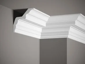 Stropná lišta – HLADKÁ, tvrdý plast ProFoam® (polyuretán), základný biely náter (pretierateľný), 124 x 126 x 2000 mm