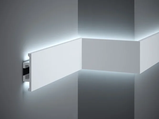 Nástěnná LED osvětlovací lišta, NEPŘÍMÉ OSVĚTLENÍ, tvrdý plast PolyForce (HD Polymer), základní bílý nátěr (přetíratelný), 100 x 25 x 2000 mm