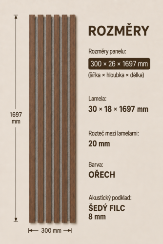ATYPICKÝ PRODUKT - Akustický panel - ORECH, MDF + FÓLIA FINISH 3D, SIVÝ akustický podklad FILC, 1697 x 300 mm