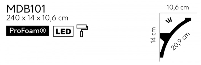 Stropní LED osvětlovací lišta, NEPŘÍMÉ OSVĚTLENÍ, tvrdý plast ProFoam® (polyuretan), základní bílý nátěr (přetíratelný), 140 x 106 x 2000 mm