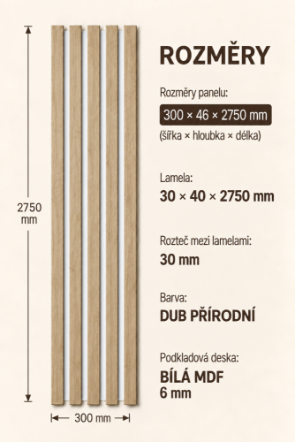 Dřevěné lamely ŠIROKÉ na BÍLÉ desce (MDF), DUB PŘÍRODNÍ, 46 x 300 x 2750 mm (0,825 m2)