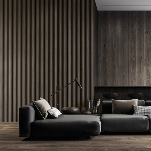 Akustický panel ACOUSTIC LINE - hakira beige | černá, 2650 x 245 x 22 mm, lamely MDF + FINISH FOLIE, akustický podklad FILC