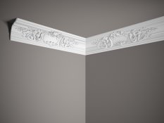 VZORKA - Stropná lišta – S ORNAMENTOM, tvrdý materiál ProFoam (Polyuretán), základný biely náter (pretierateľný), 17,1 x 17,8 x 100 mm