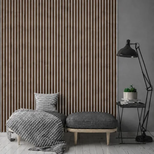 Drevené lamely ÚZKE na BIELEJ doske (MDF), ORECH, FINISH FÓLIA, 24 x 300 x 2750 mm (0,825 m2)