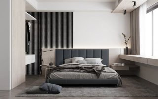 Realizace dřevěných lamel LINEA COMFORT 5 – Šedé lamely v ložnici