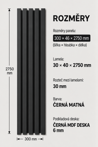 Dřevěné lamely ŠIROKÉ na ČERNÉ desce (MDF), ČERNÁ MATNÁ, 46 x 300 x 2750 mm (0,825 m2)