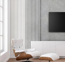 Realizace dřevěných lamel LINEA 3 a SINGLE – Bílá dekorace v obývacím pokoji