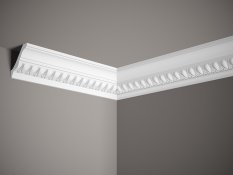 VZOREK - Stropní lišta – S ORNAMENTEM, tvrdý materiál ProFoam (Polyuretan), základní bílý nátěr (přetíratelný), 75 x 78 x 100 mm