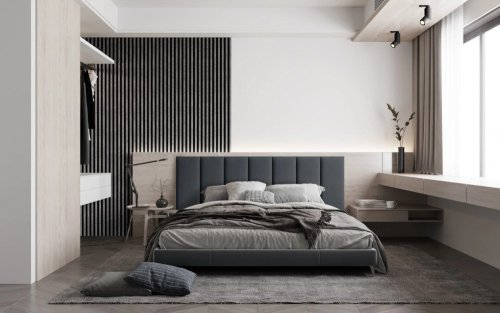 Realizace dřevěných lamel LINEA COMFORT 5 – Šedé lamely v ložnici