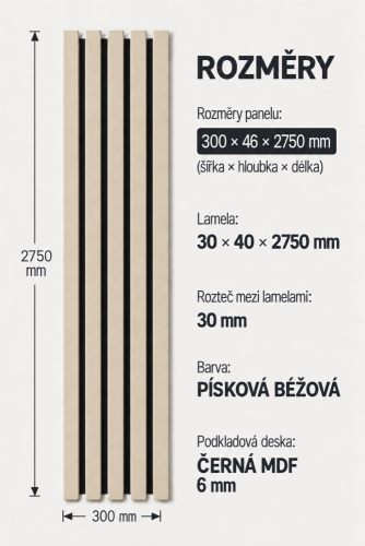 Dřevěné lamely ŠIROKÉ na ČERNÉ desce (MDF), PÍSKOVÁ BÉŽOVÁ, 46 x 300 x 2750 mm (0,825 m2)