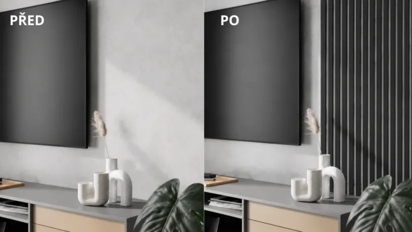 Akustický panel - ČIERNY, MDF + FOLIE FINISH, SIVÝ akustický podklad FILC, 300 x 2750 mm