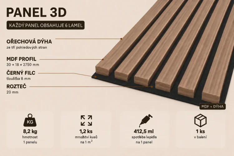 Akustický panel - OŘECH DÝHA, MDF, ČERNÝ akustický podklad FILC, 300 x 2750 mm - Povrchová úprava dýhy: Olejovaná