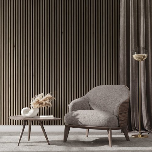 Akustický panel ACOUSTIC LINE - hakira beige | černá, 2650 x 245 x 22 mm, lamely MDF + FINISH FOLIE, akustický podklad FILC