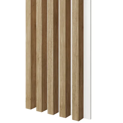 Dřevěné lamely ŠIROKÉ na BÍLÉ desce (MDF), DUB PŘÍRODNÍ, 46 x 300 x 2750 mm (0,825 m2)