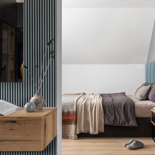 Akustický panel ACOUSTIC LINE - smoke blue | černá, 2650 x 245 x 22 mm, lamely MDF + FINISH FOLIE, akustický podklad FILC