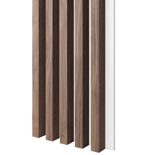 Dřevěné lamely ŠIROKÉ na BÍLÉ desce (MDF), OŘECH DÝHA, 46 x 300 x 2750 mm (0,825 m2)