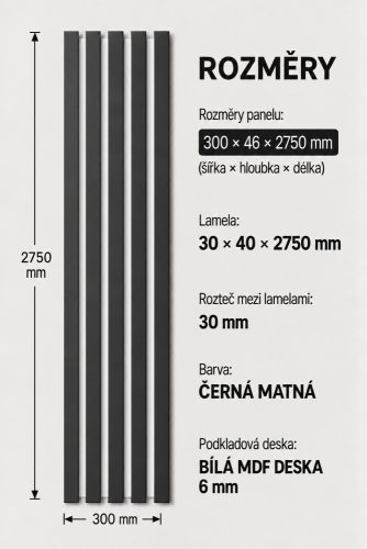 Dřevěné lamely ŠIROKÉ na BÍLÉ desce (MDF), ČERNÁ MATNÁ, 46 x 300 x 2750 mm (0,825 m2)