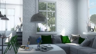 Realizace sádrového obkladu LOFT 1 mezi obývacím pokojem a jídelnou