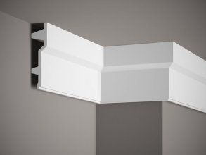 Stropní lišta – HLADKÁ, tvrdý plast PolyForce (HD Polymer), základní bílý nátěr (přetíratelný), 150 x 40 x 2000 mm