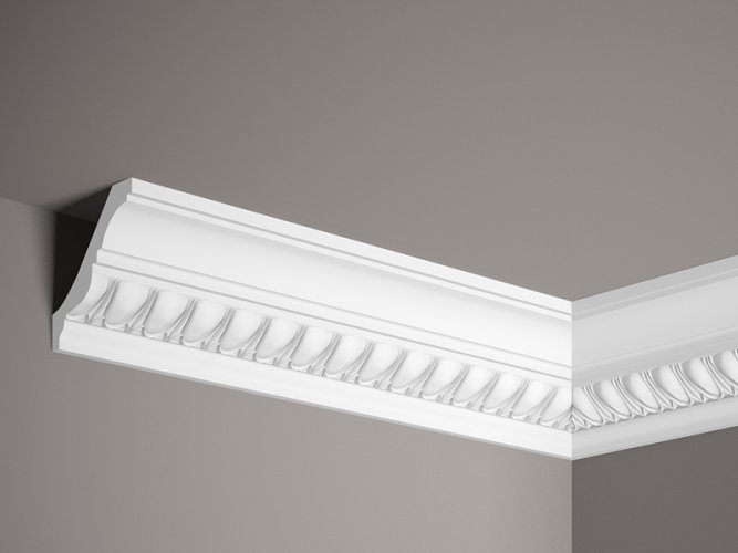 Stropní lišta – S ORNAMENTEM, tvrdý materiál ProFoam (Polyuretan), základní bílý nátěr (přetíratelný), 75 x 78 x 2000 mm