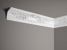 Stropná lišta – S ORNAMENTOM, tvrdý materiál ProFoam (Polyuretán), základný biely náter (pretierateľný), 17,1 x 17,8 x 2000 mm